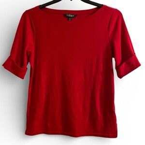 Lauren Ralph Lauren T Shirt Womens XL Red Cuffed 1/2 Sleeves Boat Neck Preppy